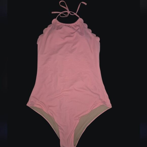 Vanilla Beach One-Piece Coral Pink Swimsuit W/ Scalloped Neckline - Size XL - Picture 2 of 6